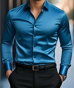 Chemise habillée en satin de soie bleue pour homme, manches longues, col rabattu, formelle, infroissable, couleur unie, boutonnée - Product Image 1