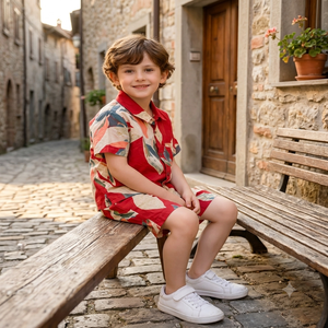 Ensemble 2 pièces chemise à col et short multicolore à motifs élégants pour garçons de 2 à 10 ans, en satin respirant, décontracté, pour l'été - Product Image 2