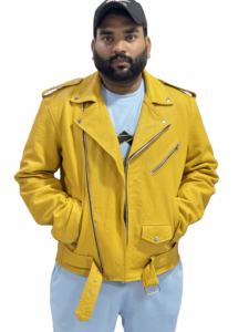 Chaqueta de motorista de piel de serpiente para hombre, chaqueta de cuero para moto, chaqueta de cuero para motocicleta encerada de Color amarillo mostaza para hombre - Product Image 3