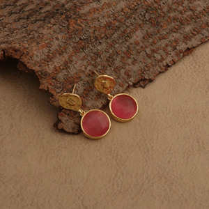 Pink Cat's Eye Bezel Set <b>Earrings</b> Elegant <b>Dangle</b> Handmade Women's <b>Gold</b> Plated Jewelry - Product Image 4