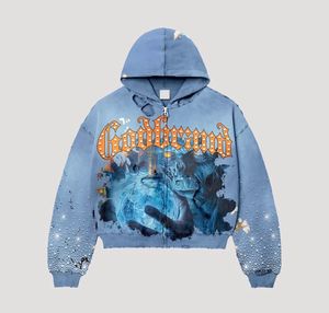 Sudadera con capucha personalizada OEM estilo vintage con gráficos, para hombre, estilo Y2K, con pedrería, con cremallera completa, de forro polar grueso. - Product Image 4