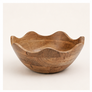 Bol de service décoratif en bois de manguier artisanal, bord ondulé doré, bord festonné, écologique, style farmhouse moderne, pour fruits et salades, pour la maison - Product Image 5