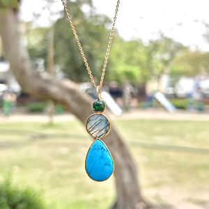 Wholesale brass necklace mohave emerald copper turquoise labradorite turquoise pendant 18k gold plated bezel set chain necklace - Product Image 6
