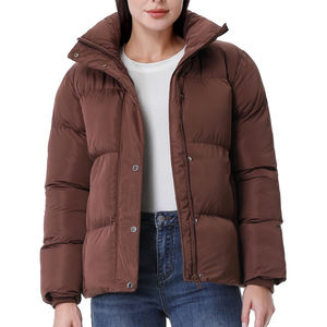 Women <b>Burgundy</b> Stand Collar <b>Puffer</b> <b>Jacket</b> Casual Solid Color Polyester Shell Windproof Zipper Closure Thin Fit Autumn Wear Brown - Product Image 4