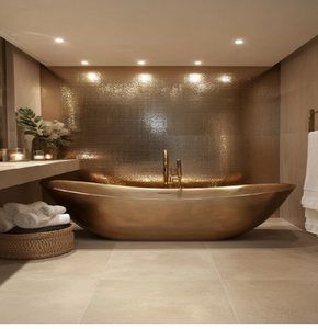 Baignoire sur piétement en cuivre martelé, entourée d'une vue panoramique sur la fenêtre. Découvrez la vie de luxe à prix de gros. - Product Image 2