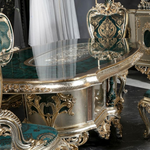 Luxury Classic Furniture Dining Table Set Mahogany Wood <b>Silver</b> Gold Finish Upholstered <b>Chairs</b> 6-Seater for Villa Resort - Product Image 4