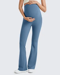 Custom LOGO Maternity High Waisted <b>Flared</b> Yoga Pants Solid Stretch Side Pockets Belly Support Soft Casual Pants for Women - Product Image 4