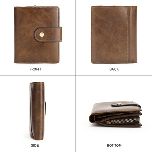 <b>Brown</b> Genuine Leather Trifold <b>Wallet</b> RFID Blocking Card Holder Coin Pocket Zipper Closure Vintage Short Purse - Product Image 1