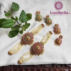 14k Gold Plated Stainless Steel Pearl Choker with Lakshmi Pendant - Product Image 2
