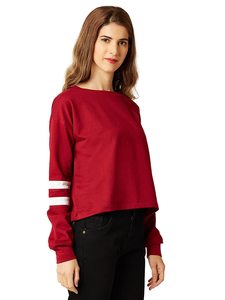 Sweat-shirt rouge à manches longues et col rond pour femme, avec rayures blanches sur les manches, haut tricoté décontracté, 100% coton, vêtements d'automne - Product Image 3