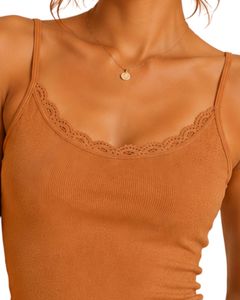 Top corto de tirantes finos con encaje y canalé para mujer, de algodón, ajustado, informal, de verano, estilo camiseta sin mangas, a la moda, color naranja - Product Image 5
