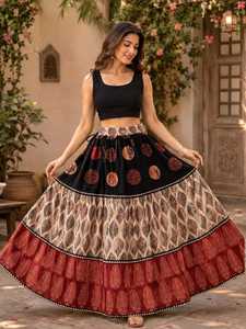 Black <b>Red</b> White Printed Cotton <b>Lehenga</b> Floor Length Loose Fit Women Ethnic Bottomwear India Pakistan Party Wear - Product Image 6