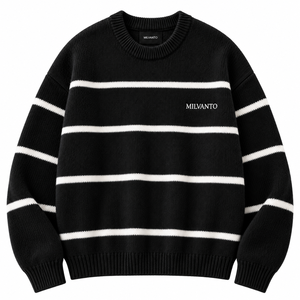 Pull en tricot rayé pour homme avec logo personnalisé noir, mélange de coton et d'acrylique, col rond, manches longues, pull de qualité supérieure - Product Image 1