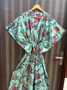 Women Mint Floral Bird Print 100% Cotton Breathable <b>Kaftan</b> Dress Handmade Regular Fit Boho <b>Summer</b> Daily Resort Wear - Product Image 3