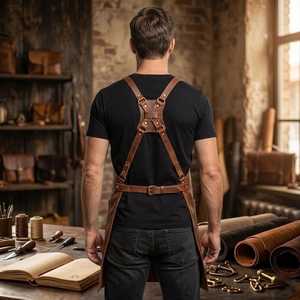 Custom Logo Leather <b>Apron</b> for Chef Kitchen <b>BBQ</b> Grill OEM ODM Wholesale Bulk Supplier Premium Leather <b>Apron</b> LPN-0299 - Product Image 2