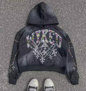 Ensemble 2 pièces pour homme : sweat à capuche zippé décontracté rose délavé avec broderie personnalisée en coton et strass, et pantalon de survêtement à cordon de serrage - Product Image 5
