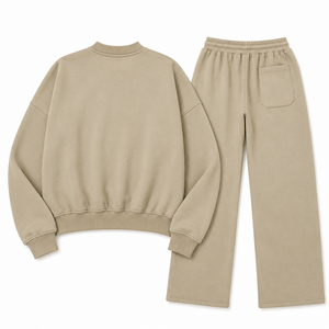 Ensemble de survêtement décontracté beige pour femme, pantalon large et pull à col rond, ensemble athleisure assorti, logo personnalisé, ensembles d'hiver - Product Image 4