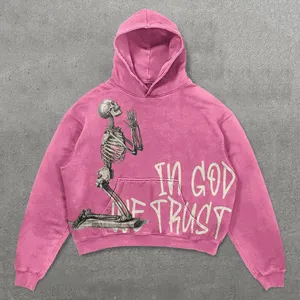 Sudadera con capucha con estampado gráfico, sudadera con diseño de esqueleto, ropa urbana con lavado vintage, sudadera con lavado ácido, estética grunge Y2K, ropa para mujer - Product Image 2