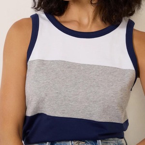 Women's Color Blocked Sleeveless Tank <b>Top</b> O-Neck Knitted Cotton Casual Loose Fit White Gray <b>Navy</b> Blue - Product Image 3