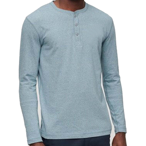 Camiseta Henley de Manga Larga para Hombre, Color Azul Claro, Algodón Tejido, Corte Regular Informal, Color Sólido, Transpirable - Product Image 1