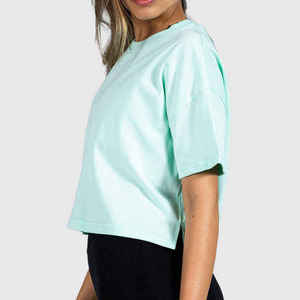 T-shirt décontracté en jersey pour femme, vert menthe, coupe courte, manches courtes, col rond, coupe ample, 100 % coton, idéal printemps-été - Product Image 5
