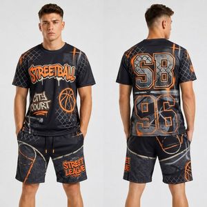 Conjuntos de Pantalones Cortos de Baloncesto para Hombre, Sublimados, de Poliéster, con Estampado de Texto Urbano en Negro y Naranja, de Alta Elasticidad - Product Image 1
