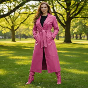 Manteau long en cuir véritable pour femme avec doublure en soie, style vintage, vêtement d'extérieur - Product Image 4