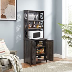 Mobiletto da Cucina/Bar con Struttura in Metallo, Supporto per Microonde e Design a Fienile, Credenza Laterale per Caffè - Product Image 4