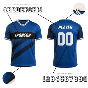 Maillot de football personnalisé pour homme, bleu, col en V, manches courtes, polyester respirant, uniforme pour adultes, toutes saisons, impression sublimée - Product Image 4