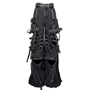 Pantalones Vaqueros Anchos Negros Desgastados para Hombre, Estilo Ripped con Anillos y Cadenas Plateadas - Product Image 1