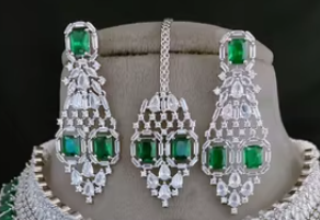 Designer Superb Quality Luxury Sparkle Zircon <b>Choker</b> Set With Earrings And Tikka for Wedding Engagement Party Wear For Women - Product Image 2