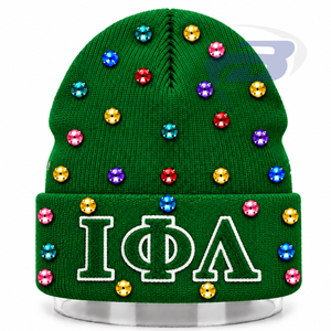Gorro de Invierno de Punto Verde con Adornos de Diamantes de Imitación para Mujeres de la Hermandad Iota Phi Lambda, Gorro de Invierno Bordado con Chenilla - Product Image 1