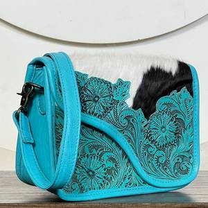High Quality Handcrafted Cowhide Genuine Leather <b>Women</b> Crossbody <b>Messenger</b> <b>Bags</b> Luxury Floral Design Turquoise Handbags Purse - Product Image 4