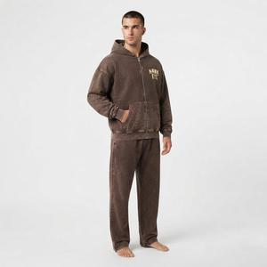 Manufacture Men's Acid Wash Cotton Two Piece <b>Full</b> <b>Zip</b> <b>Hoodie</b> Tracksuit with Kangaroo Pocket Oversized Drop Shoulder Sweatpants - Product Image 4