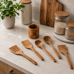 Ensemble d'ustensiles de cuisine en bois d'acacia de qualité supérieure avec support |   Cuillères et spatules de cuisine en bois faites à la main |   Outil de service antiadhésif et sûr - Product Image 3