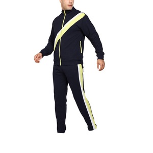 Conjunto Deportivo Azul Marino para Hombre con Franja Amarilla Neón, Chaqueta con Cierre Completo y Pantalones, Estilo Deportivo, Corte Regular, Transpirable, Poliéster, Ropa de Otoño - Product Image 2