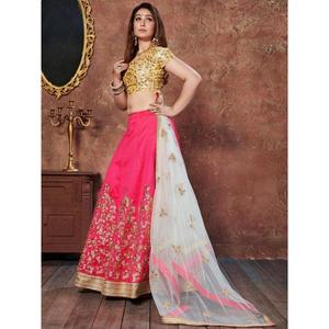 Ropa de boda de seda bordada con hilo rosa-amarillo Lehenga Choli con bordado intrincado - Product Image 3
