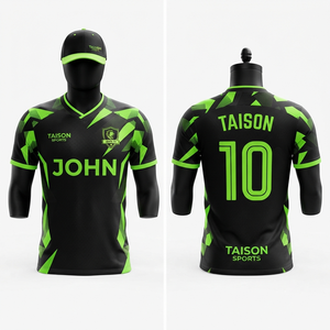 Maillot de football en polyester premium 180 GSM, noir avec empiècements vert fluo, design personnalisé, logo d'équipe par sublimation - Product Image 1
