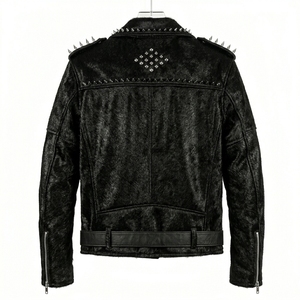 Custom Wholesale Mens Heavy Studded Calf Hair On Hide Genuine Leather <b>Jacket</b> Manufacturing <b>Biker</b> Punk Spikes Outerwear Supplier - Product Image 2