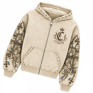 Sudadera con Capucha Personalizada de Algodón 100% Lavado Estilo Vintage, Sudadera con Cremallera y Bordado Digital de Moda, Detalle de Pedrería, Ropa Urbana Ecológica - Product Image 3