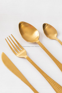 Premium Hammered Pattern Design Dishwasher-<b>Safe</b> Spoon <b>Knife</b> and Fork 4 pcs Sets for Home Party Restaurant - Product Image 2