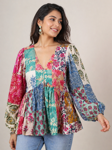 Wholesale Women Woven 100% Cotton Patchwork Print Boho Peplum Blouse Deep V Neck Long Sleeve <b>Cross</b> Back <b>Top</b> - Product Image 2