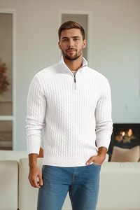 Pull en maille blanc pour homme, col montant zippé, manches longues, uni, décontracté, pour l'hiver, en acrylique anti-boulochage - Product Image 4