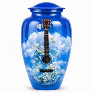 Autocollant commémoratif de luxe bleu ciel en forme de guitare avec urne funéraire en émail pour cendres humaines - Product Image 1