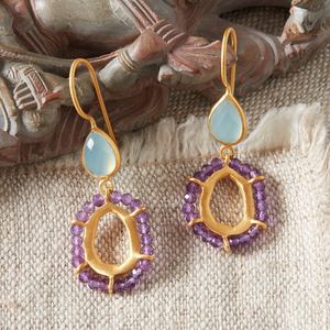 Pendientes Colgantes Hechos a Mano de Plata de Ley 925 con Oro Vermeil de 18K para Mujer, con Piedras Preciosas de Amatista, Aguamarina y Calcedonia, Piedra de Nacimiento de Febrero, para Fiesta - Product Image 5