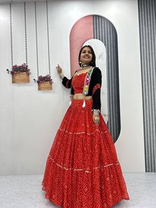 Georgette Bandhej Lehenga Choli With Mirror Work Cotton <b>Jacket</b> Ribbon Work Navratri Festival Wear Collection - Product Image 1