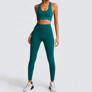 Ensemble de yoga pour femme, haut court côtelé dos nageur violet, leggings taille haute longueur intégrale, sans couture, couleur unie, 2 pièces - Product Image 5
