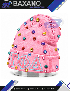 Gorro de Invierno de Punto Rosa con Adornos de Diamantes de Imitación para Mujeres de la Hermandad Gamma Phi Delta, Gorro de Invierno con Bordado de Chenille - Product Image 6