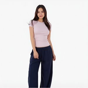 T-shirt en tricot pour femme, couleur lilas, manches courtes, col rond, coupe ajustée, style minimaliste, à porter toute l'année - Product Image 5