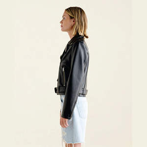 Women's Genuine <b>Leather</b> Moto <b>Jacket</b> Stand Collar Zipper Closure Full Sleeve Short Length Solid Color Biker Style Autumn Wear - Product Image 2